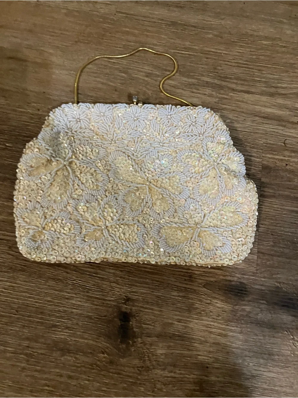 Sequin Ivory Evening Clutch with Gold Handle